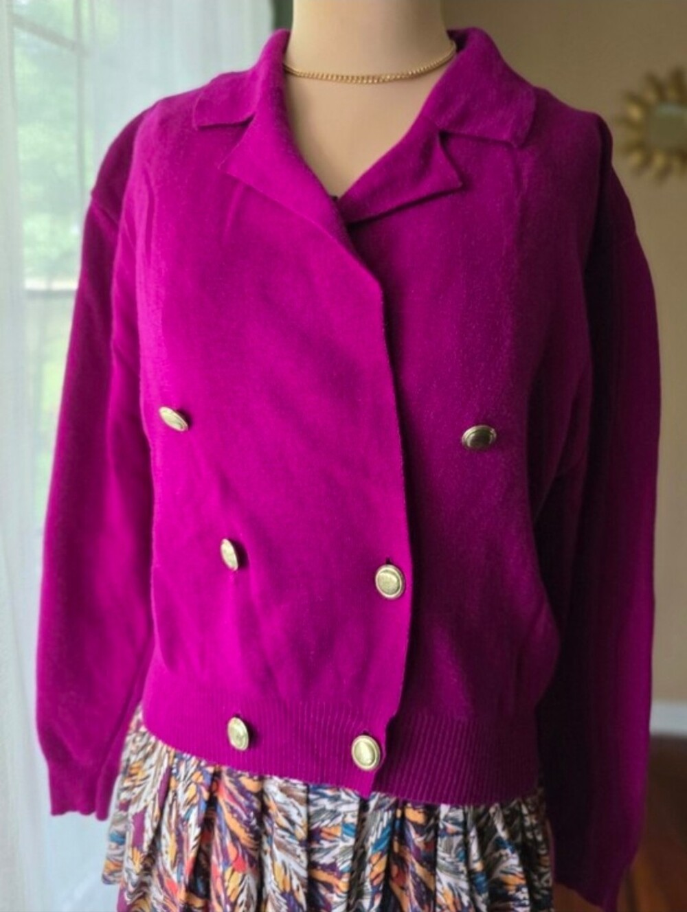 Vintage Wool Magenta Gold Cardigan Double Breasted Blazer Sweater Petite Medium